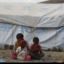   - Yemen: As food crisis worsens, UN agencies call for urgent assistance to avert catastrophe [Around 200 displaced families live in an informal settlement in Dharwan, Yemen. Here, a 12-year old girl keeps watch over her younger brothers. Photo: UNHCR/Mohamm